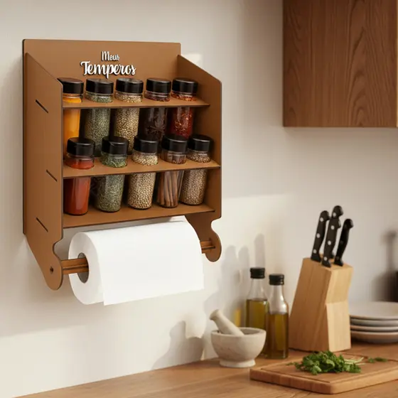 Porta Temperos MDF Parede 10 Potes com Porta Papel Toalha Ideal para Cozinha Minimalista Organizador MDF Bambu