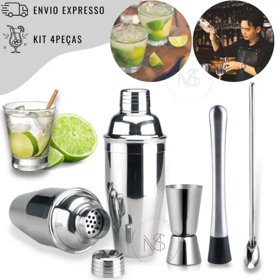 Kit Caipirinha Coqueteleira Inox 4 Peças Barman Profissional