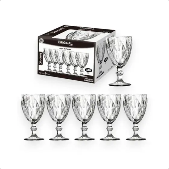 Jogo 6 Taças Vinho Água De Vidro 340ml Diamond Transparente