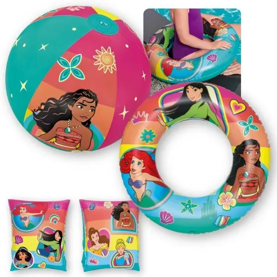 Kit Boia de Braço + Bola Inflável + Boia Infantil Princesas Disney Piscina Praia Verão