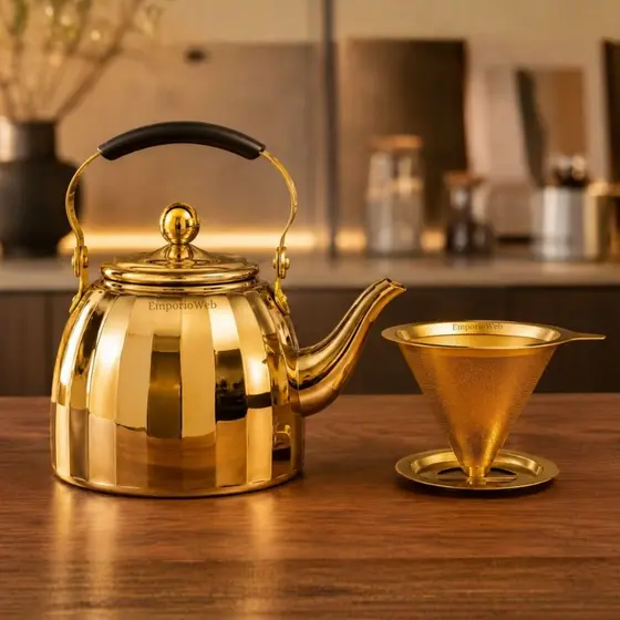 Kit Chaleira e Coador Dourado Bule Mesa Posta Café Infusor Bar Coador de Café