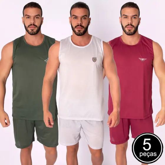 Kit 5 Pijamas JSM Malha Masculino Liso Short e Regata Curto Verão