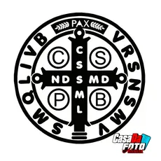 Adesivo Medalha de São Bento para carro, moto, capacete, bike e decoração feito em vinil automotivo branco preto dourado
