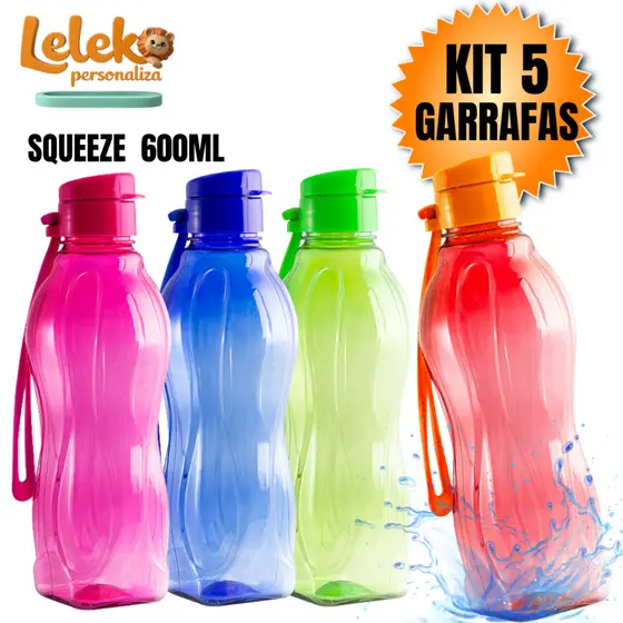 Kit 5 Garrafinha Squeeze 600ml Plástico Resistente – Academia, Escola e Esporte