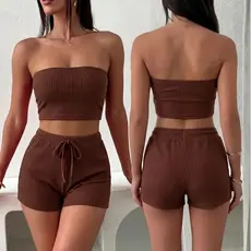 Conjunto Femenino Cropped e Short Conjunto Feminino Verão Canelado Top e Shorts Feninino Duas Peças Tamanho 36 ao 58