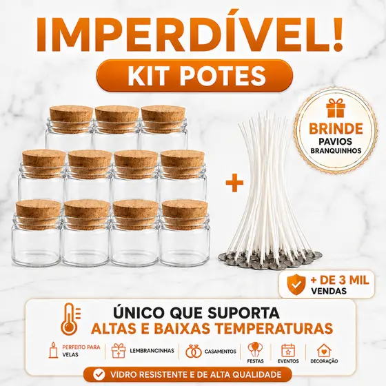 Potes P/ Vela tampa Rolha + Pavios P/ Vela 12 cm Charmoso