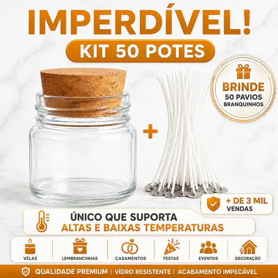 50 Potes P/ Vela C/ Rolha + 50 Pavios Parafinados p/ Vela  Charmoso