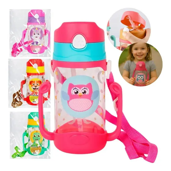 Garrafa De Água Infantil 400ml Alça Dupla Com Canudo Silicone