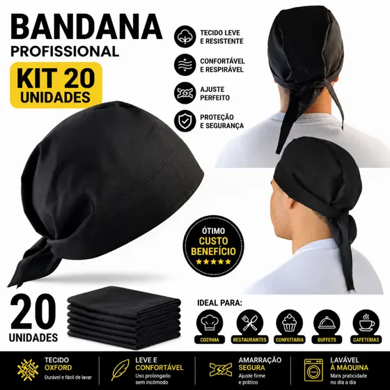 Kit 20 Bandanas Profissional Touca Chef Cozinha Hamburgueria