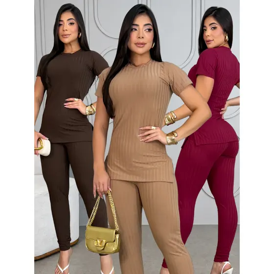 Conjunto Elegante Canelado Com Elasticidade Premium Blusa Com Fenda Lateral e Calça Com Bolso Frio