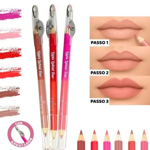 Lápis Contorno Labial Duo 2 em 1 Com Duas Cores Tons Nude- Rosa - Vermelho Contorno p/ Lábios - Mia Make c/ apontador