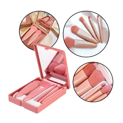 Mini Estojo de Pincéis de Maquiagem com espelho - Kit de Pincéis de Maquiagem - Acompanha 5 Pincéis