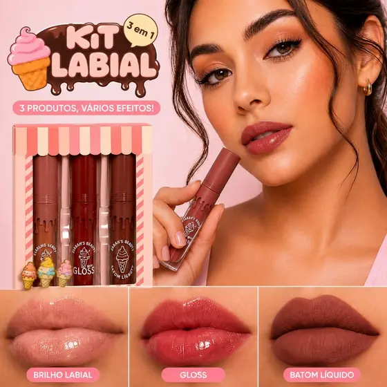 Kit Labial Sarah's Beauty - Gloss, Brilho Labial e Batom Cor 02