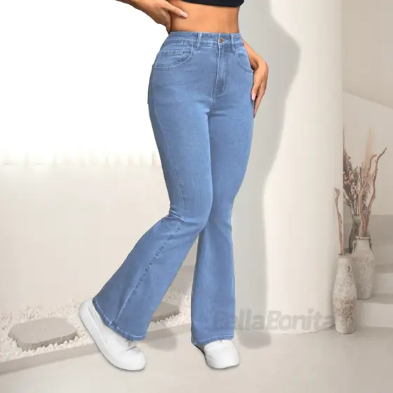 Calça Jeans Feminina Flare Lycra Pawer Cós Alto Hot Pants Levanta Bumbum