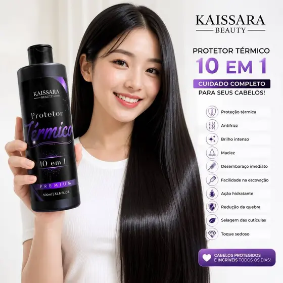 Protetor Térmico Premium KAISSARA BEAUTY 500ml 10 em 1 Capilar Finalizador Cabelo Liso Extremo