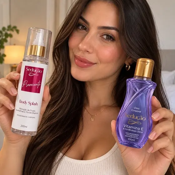 Kit Sedução Body Splash Provocante 200ml + Óleo Sedução Amêndoa & Vitamina E 100ml Perfume Marcante