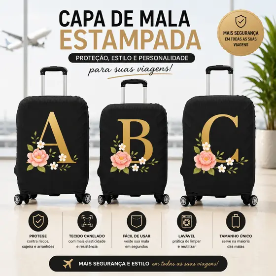 Capa Protetora de Mala de Viagem Personalizada Inicial Canelado Preto Premium Promoção