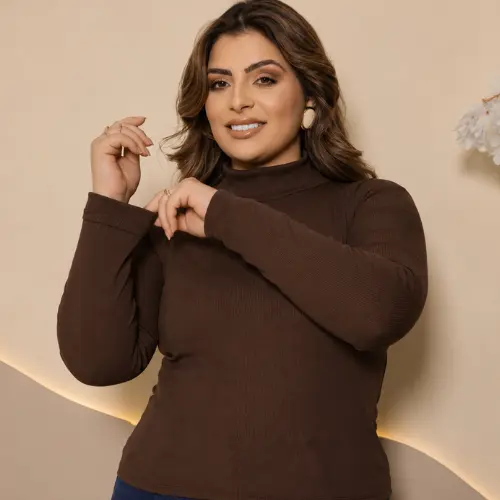 Blusa Feminina Plus Size Manga Longa Tecido Ribana Flanelada