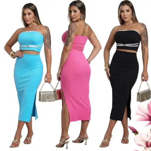 Conjunto Feminino Elegante Top Tomara Que Caia + Saia Com Fenda Lateral Tecido Canelado Anarruga