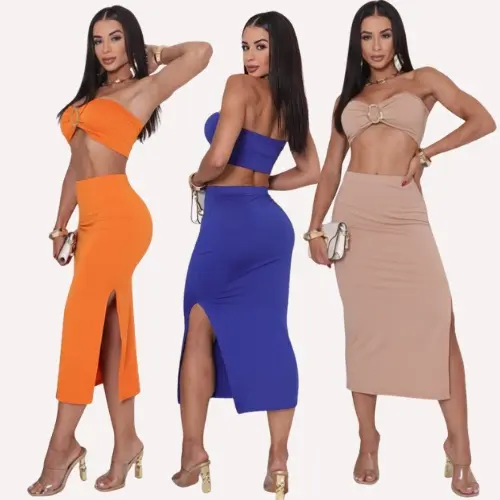 Conjunto Feminino Saia Midi Com Fenda e Cropped Tomara Que Caia Tecido Suplex Premium Moda Blogueira