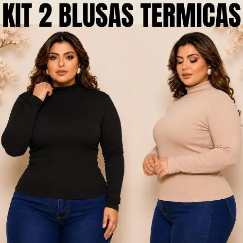 Kit 2 Blusas Térmicas Femininas Gola Alta Plus Size | Ribana Felpada Premium Inverno