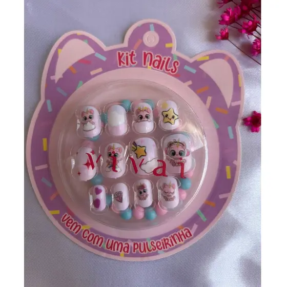 Unhas Postiça Infantil Cx 12 Unhas Vem Com Pulserinha Kit Nails - Vivai Cores Lindas