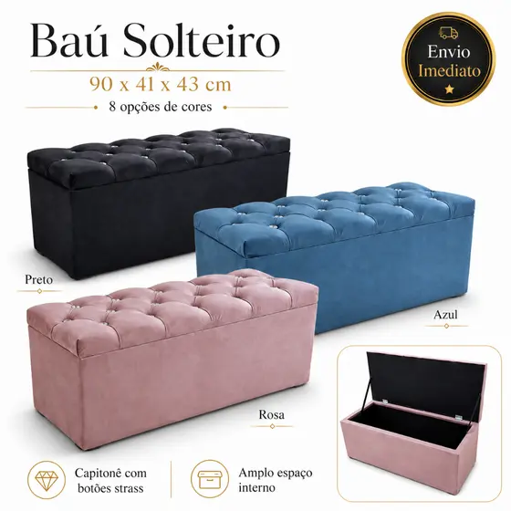 Bau Puff Organizador Solteiro Capitone Botoes Strass 90cm Suede Veludo Varias Cores Envio Imediato