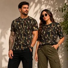 Camiseta Camuflada Exército Casual Streetwear Manga Curta Unissex