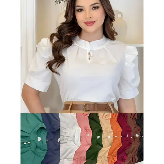 BLUSA FEMININA SOCIAL MANGA BUFANTE  DOIS BOTOES