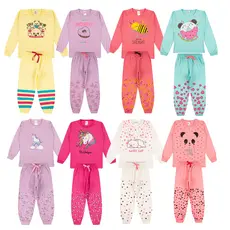 Kit Sortido 3 Pijama Infantil Menina - 3 Camisas manga longa + 3 Calças- 3 Pijamas de Roupa Infantil Menina Inverno Bebe