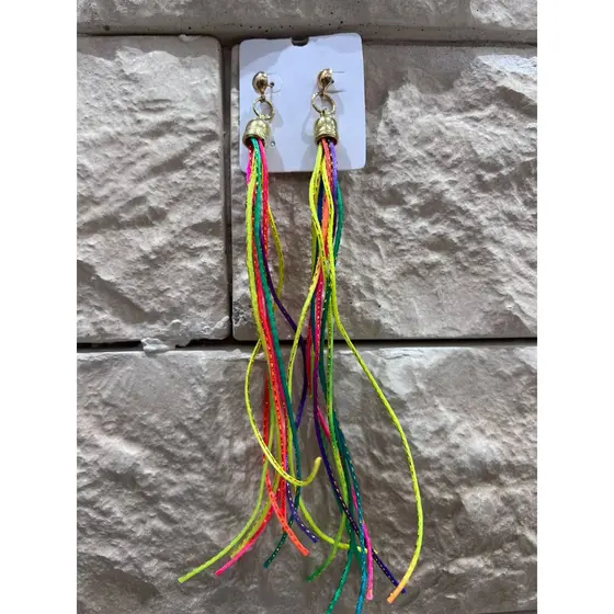 Brinco tessel Longo Neon Fios dourados – Carnaval/Verão – Colorido e Leve