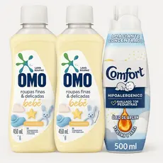 Kit 3 Unidades OMO Bebê 450ml 2un  + Comfort Puro Cuidado 1uni 500ml — Hipoalergênico, Delicado e Aprovado por Pediatras
