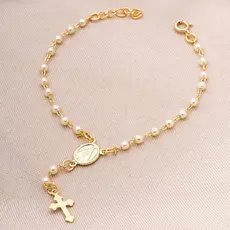 Pulseira Religiosa Terço Pérola Feminina Banhado Ouro 18K
