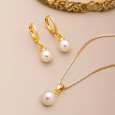 Conjunto Brinco e Colar Pérola Delicado Banhado Ouro 18 K