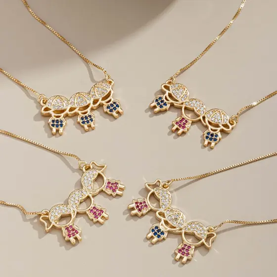 Colar Pingente 03 Filhos Multicolor Banhado Ouro 18K