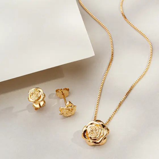 Conjunto Rosinha Dourado – Colar Corrente Veneziana + Brincos Flor