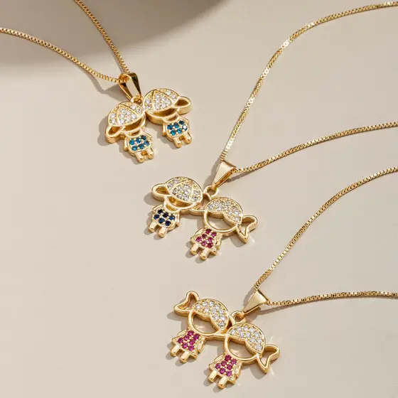 Colar Pingente 02 Filhos Zirconia Colorida Banhado Ouro 18K