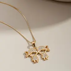 Colar Pingente Filhos 2 meninas cravejados (Filhas), Semijoia, Ouro 18K