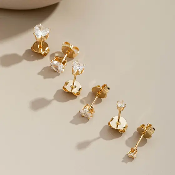 Brinco Trio Ponto de Luz Coração Banhado Ouro 18K
