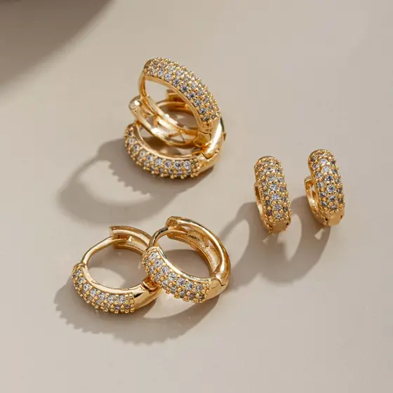 Brinco Trio de Argolas Zirconia Redondo Banhado Ouro 18K