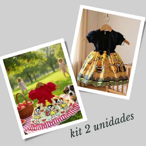 KIT 2 Vestidos MAGALI/ABELINHA Festa Casual Manga Curta Infantil