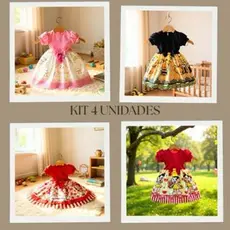 KIT 4 Vestido Festa Casual Manga Curta Infantil Abelhinha Ribana Canelado
