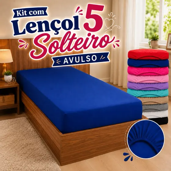 Kit com 5 Lençol Solteiro Avulso COM elástico na borda toda