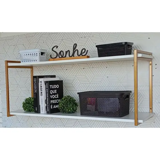 Prateleira Estilo Industrial Dourada 1m x 30cm em Ferro e MDF p/ Quarto Sala Cozinha Decoração
