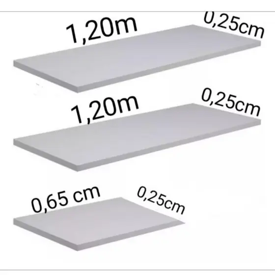 Kit com 3 Prateleiras MDF Branco 15mm 2x 120x25cm + 1x 60x25cm com Borda PVC | Parede Decoração