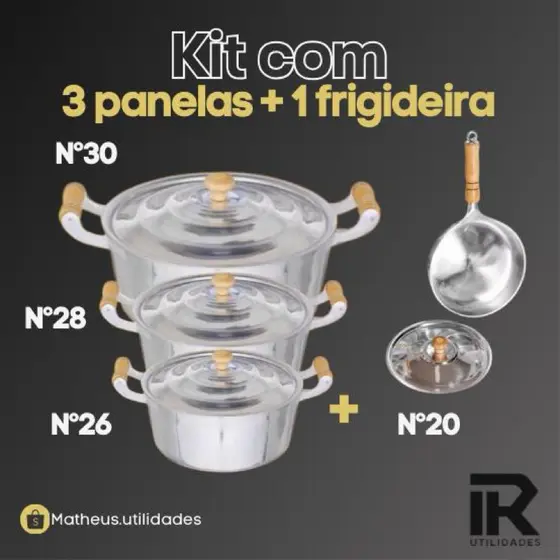 Kit 3 panelas grandes nº26/28/30 mais 1 frigideira grossa nº20 em alumínio batido. Jogo de panela para sua cozinha