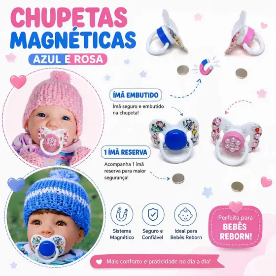kit com 2 Chupetas magnéticas Azul e Rosa + 2 Ìmã Neodimio