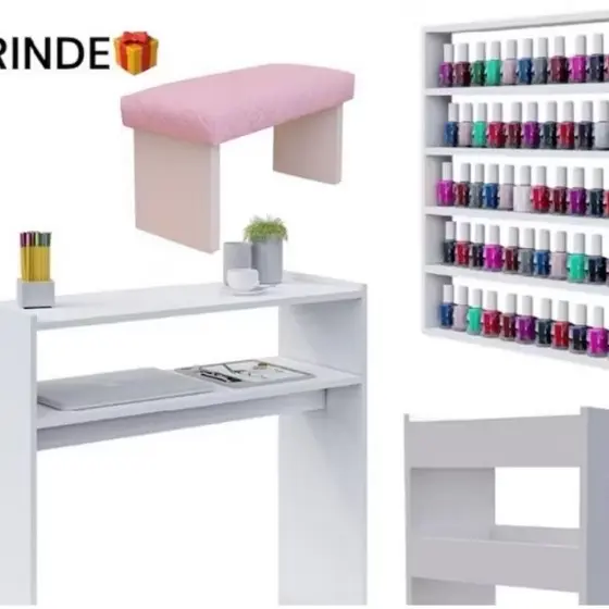 Kit Mesa Manicure + Carrinho Auxiliar + Porta Esmaltes + Apoio De Mão Manicure Unha Gel Salão De Beleza Oferta