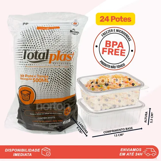 24 Potes 500ml Retangulares Descartáveis Com Tampa Para Freezer e Microondas TotalPlast