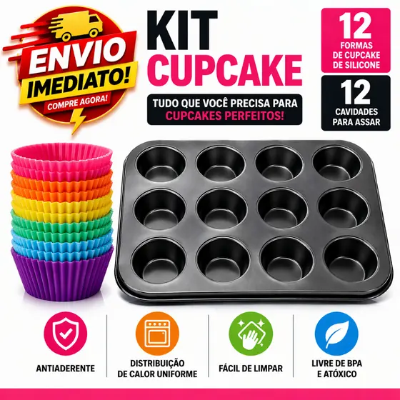 Forma de Cupcake 12 Cavidades Antiaderente + 12 Forminhas de Silicone Reutilizáveis